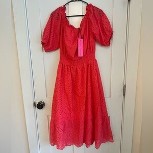 NWT Betsey Johnson Pink Eyelet Puff Sleeve Prairie Dress